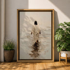 A textured impasto style painting depicting Jesus walking on water, shown from behind in a flowing robe with dark hair, stepping on a reflective water surface with ripples, rendered in neutral tones with thick brush strokes emphasizing depth and movement.