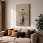 A textured impasto style painting depicting Jesus walking on water, shown from behind in a flowing robe with dark hair, stepping on a reflective water surface with ripples, rendered in neutral tones with thick brush strokes emphasizing depth and movement.