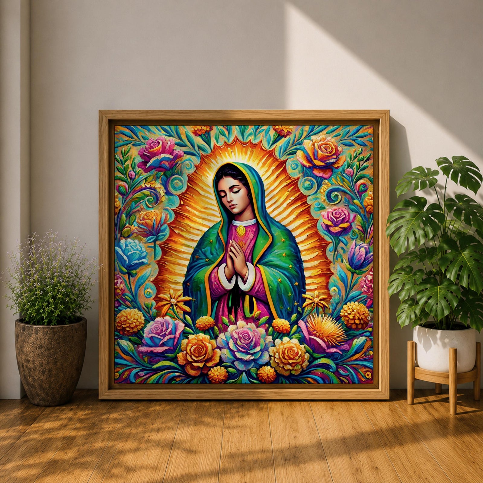 Our Lady of Guadalupe Wall Art Virgencita Framed Canvas Mexican Catholic Home Decor
