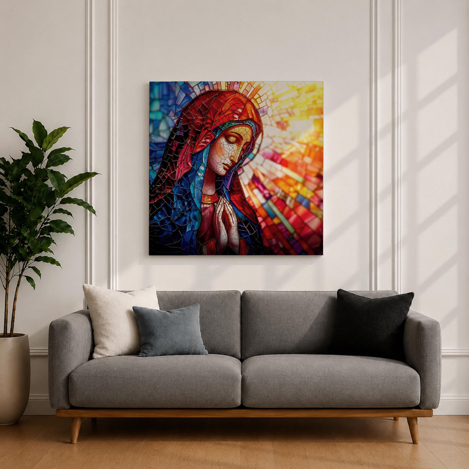 Virgin Mary Wall Art Madonna Framed Canvas Stained Glass Catholic Home Decor