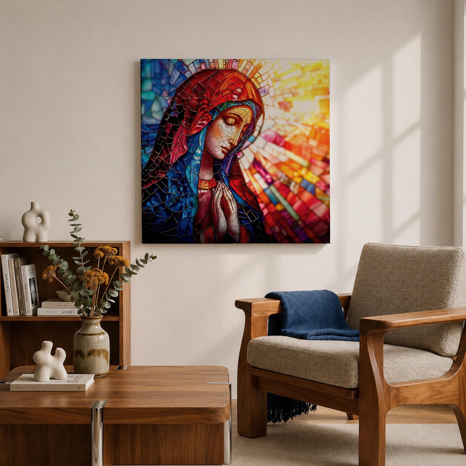 Virgin Mary Wall Art Madonna Framed Canvas Stained Glass Catholic Home Decor