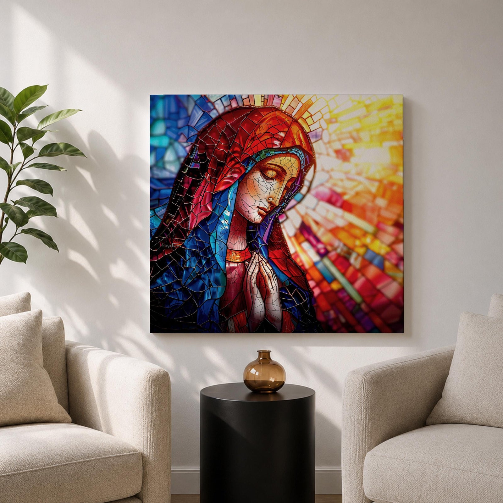 Virgin Mary Wall Art Madonna Framed Canvas Stained Glass Catholic Home Decor