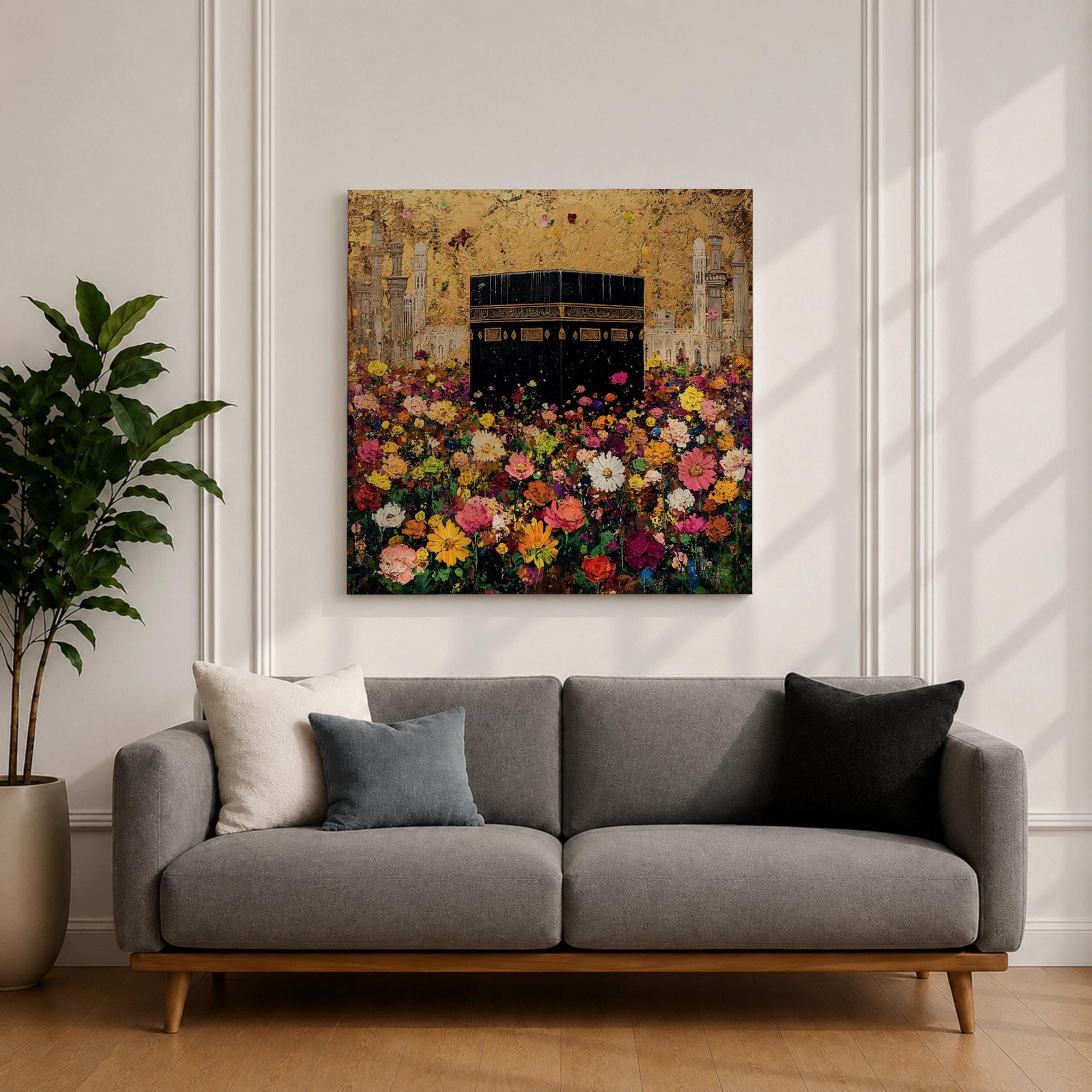 Kaaba Wall Art Floral Field Framed Canvas Masjid al Haram Hajj Umrah Islamic Decor