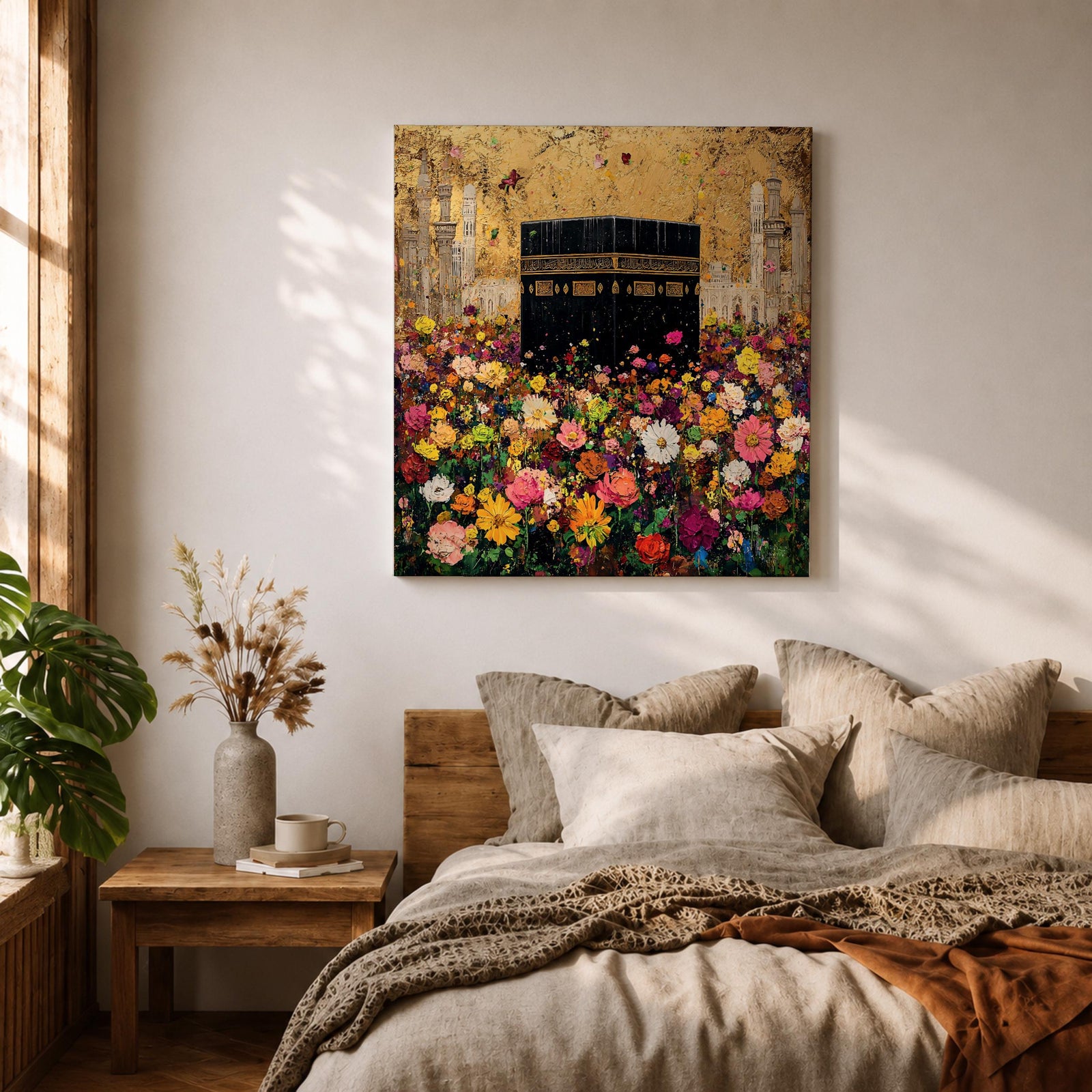 Kaaba Wall Art Floral Field Framed Canvas Masjid al Haram Hajj Umrah Islamic Decor