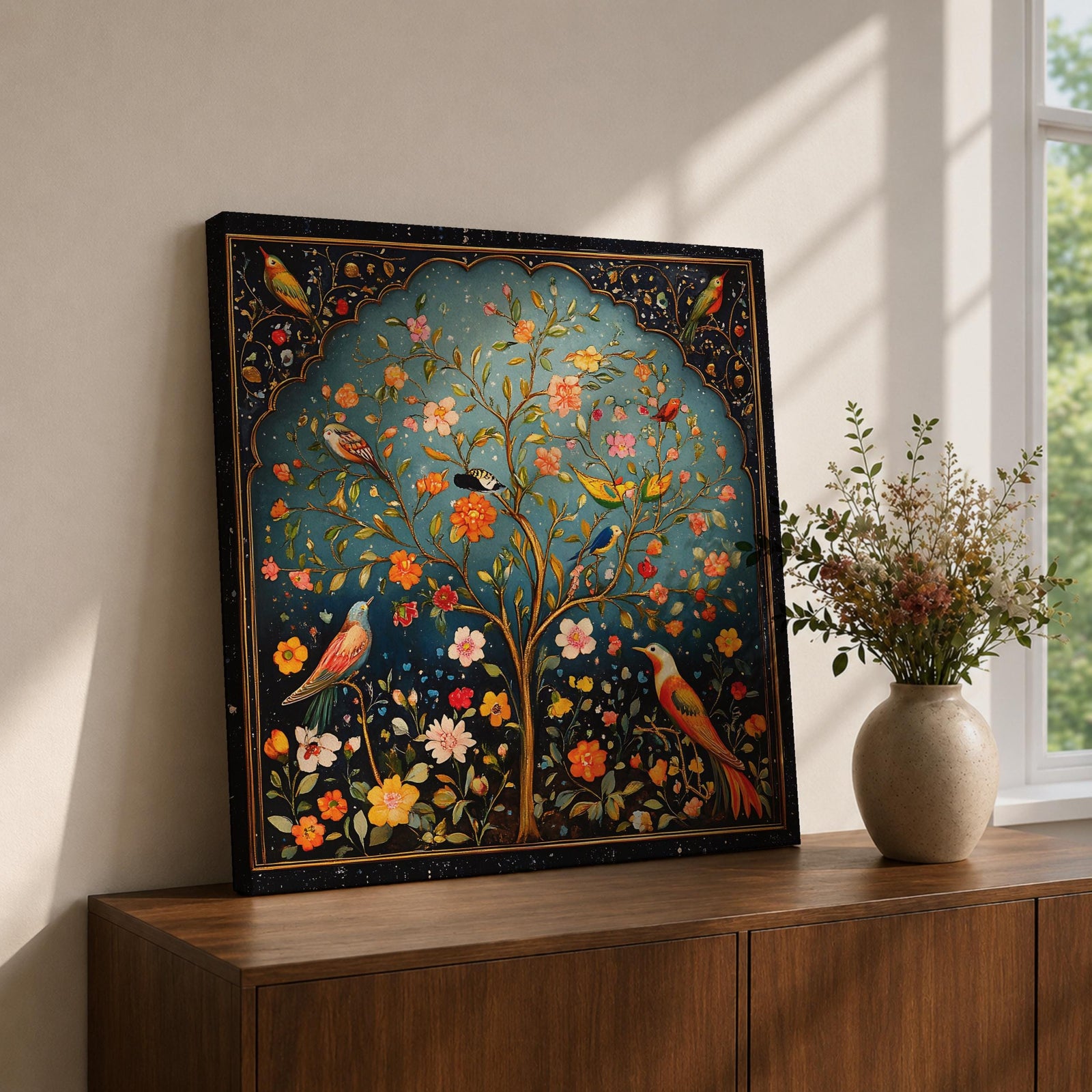 Persian Tree Wall Art Birds Garden Framed Canvas Persian Botanical Islamic Home Decor