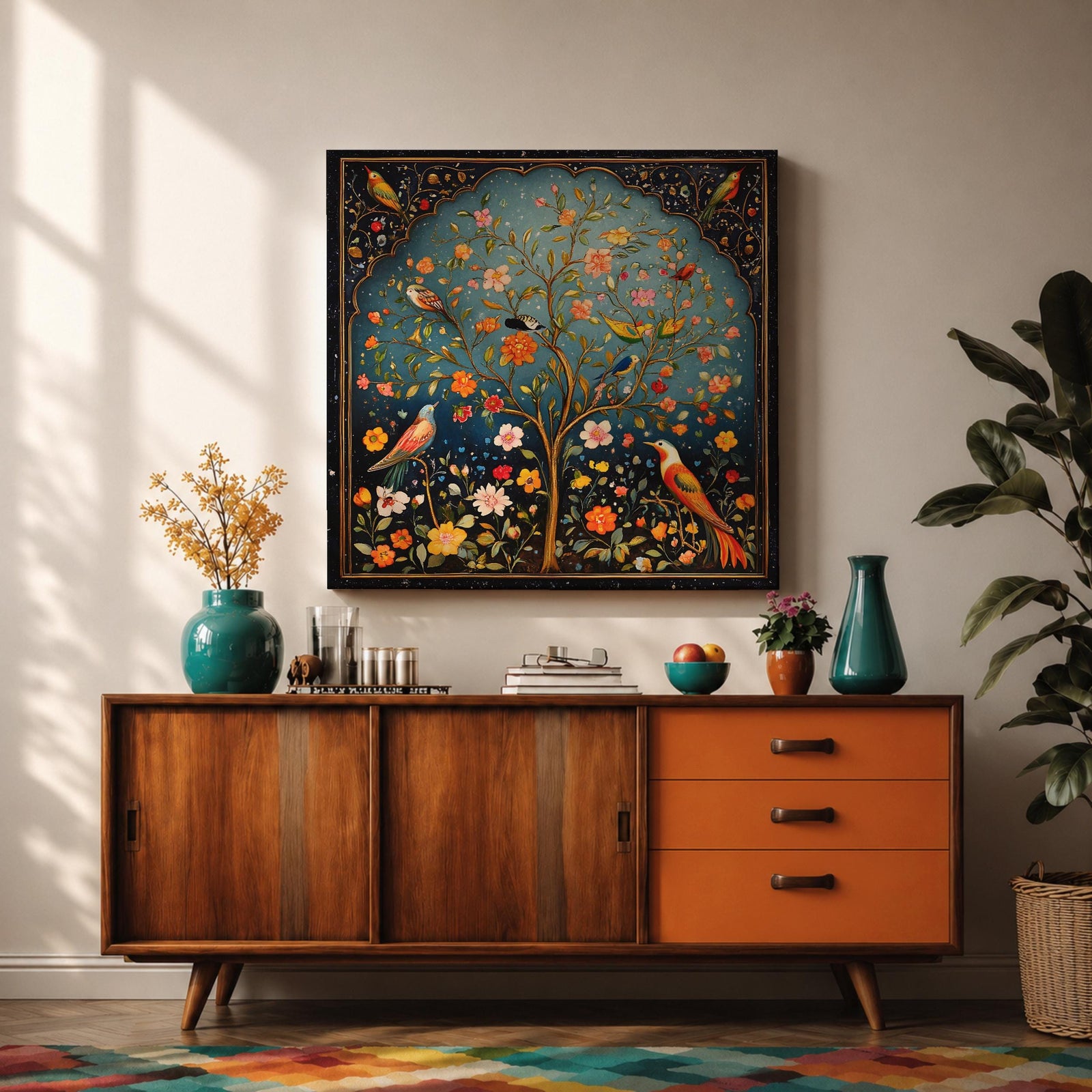 Persian Tree Wall Art Birds Garden Framed Canvas Persian Botanical Islamic Home Decor