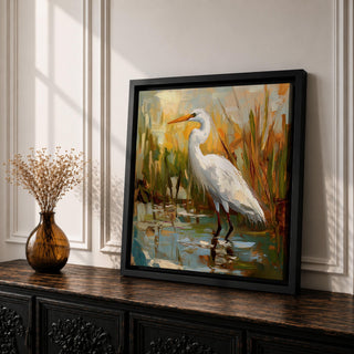 White Heron Wall Art White Egret Framed Canvas Coastal Wildlife Impasto Rustic Home Decor