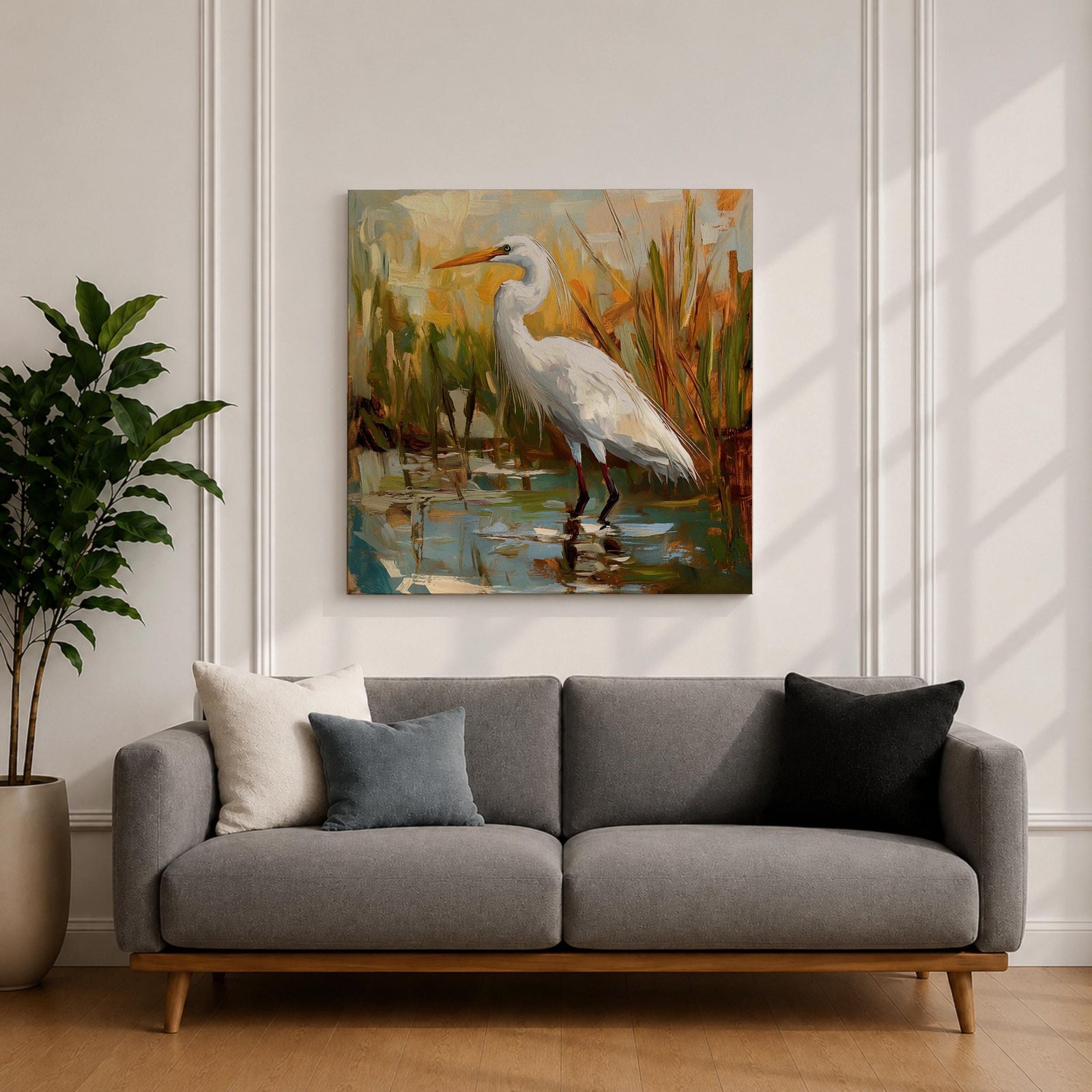 White Heron Wall Art White Egret Framed Canvas Coastal Wildlife Impasto Rustic Home Decor