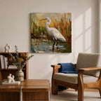 White Heron Wall Art White Egret Framed Canvas Coastal Wildlife Impasto Rustic Home Decor