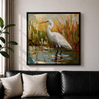 White Heron Wall Art White Egret Framed Canvas Coastal Wildlife Impasto Rustic Home Decor