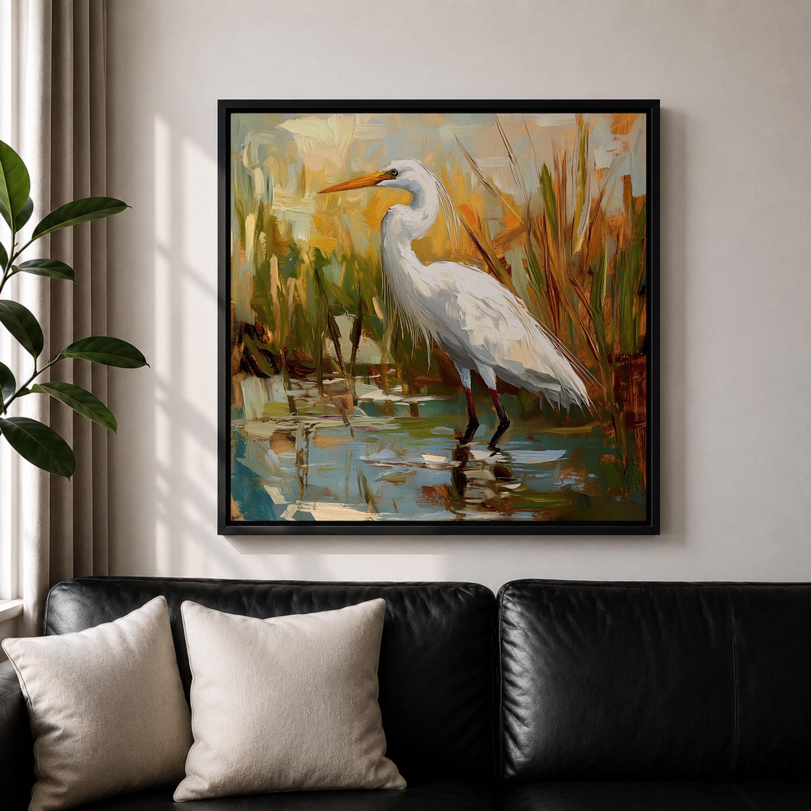 White Heron Wall Art White Egret Framed Canvas Coastal Wildlife Impasto Rustic Home Decor