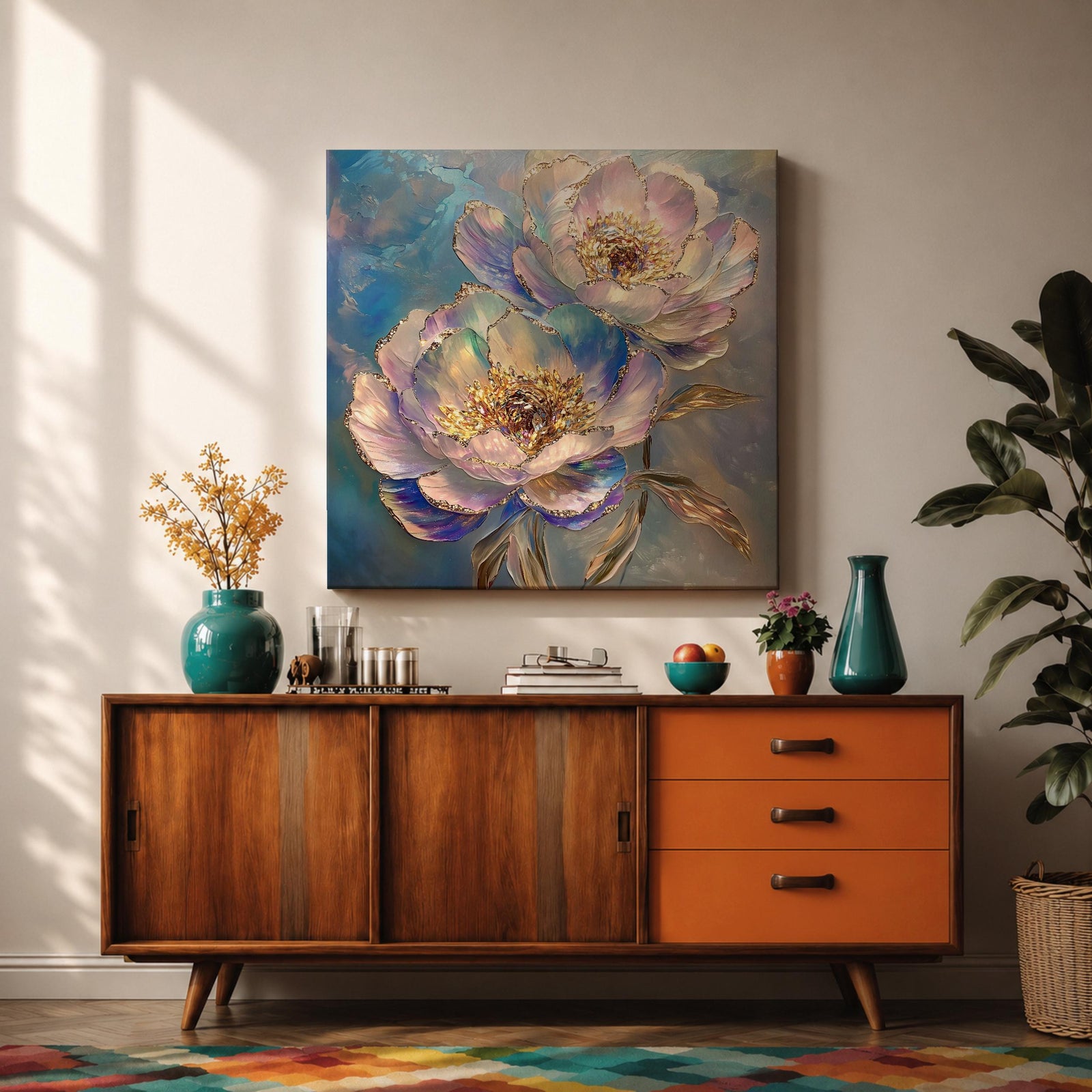 Peony Flower Wall Art Garden Peony Framed Canvas Gold Accent Floral Boho Home Decor