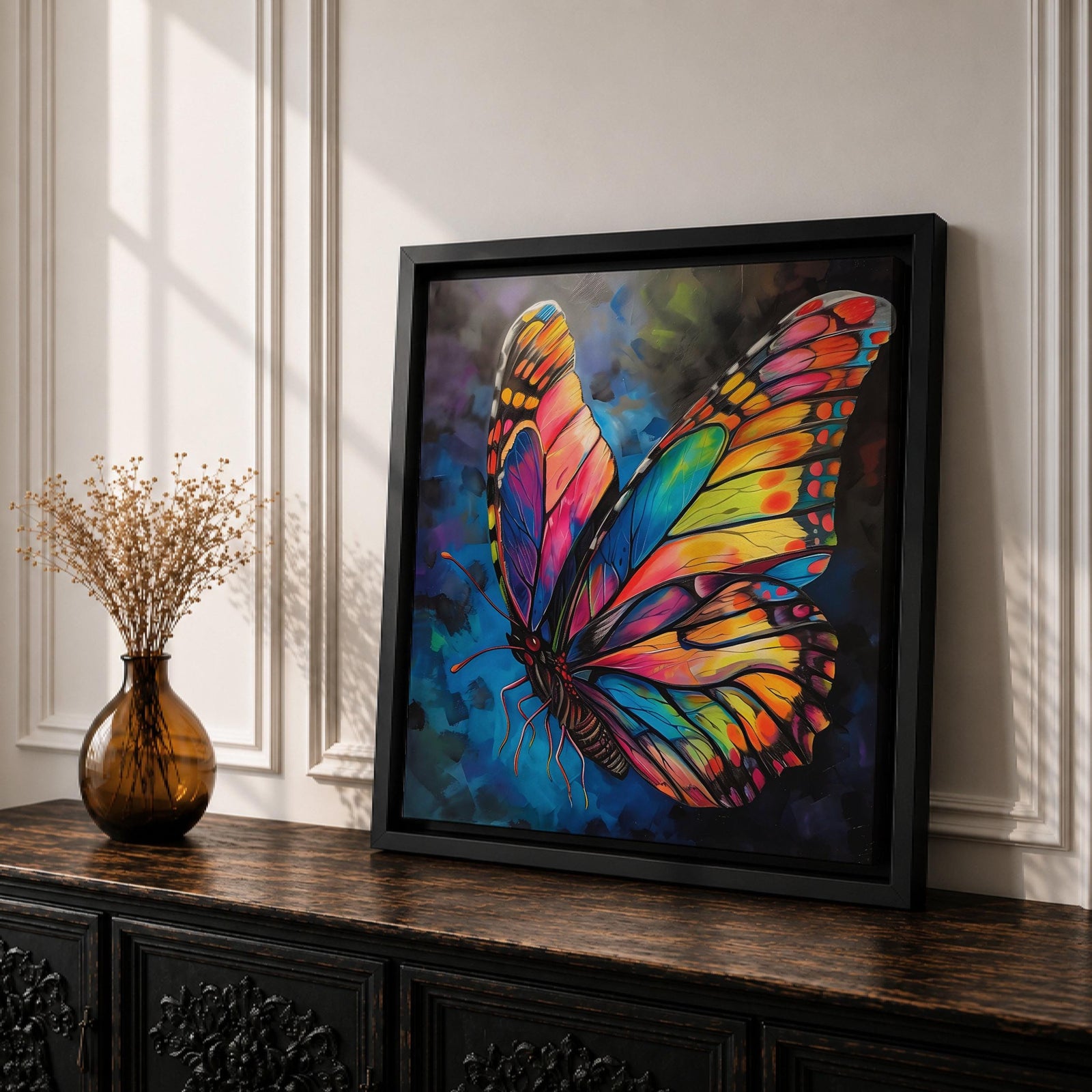 Butterfly Wall Art Rainbow Monarch Framed Canvas Boho Nature Colorful Animal Garden Decor