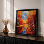 Autumn Landscape Wall Art Fall Scenery Framed Canvas River Meadow Impasto Rustic Home Decor