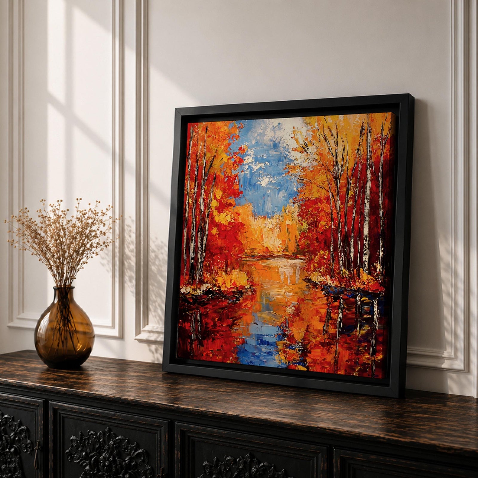 Autumn Landscape Wall Art Fall Scenery Framed Canvas River Meadow Impasto Rustic Home Decor
