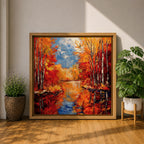 Autumn Landscape Wall Art Fall Scenery Framed Canvas River Meadow Impasto Rustic Home Decor