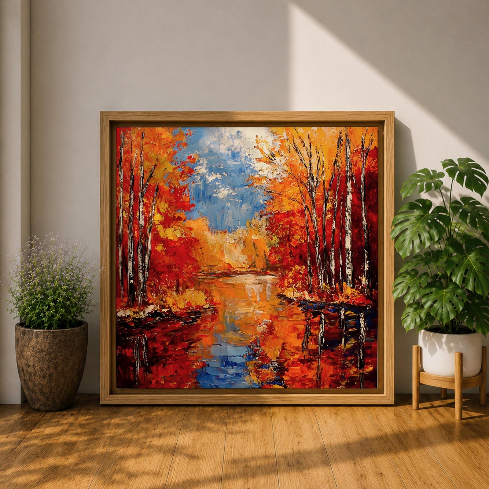 Autumn Landscape Wall Art Fall Scenery Framed Canvas River Meadow Impasto Rustic Home Decor