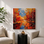 Autumn Landscape Wall Art Fall Scenery Framed Canvas River Meadow Impasto Rustic Home Decor
