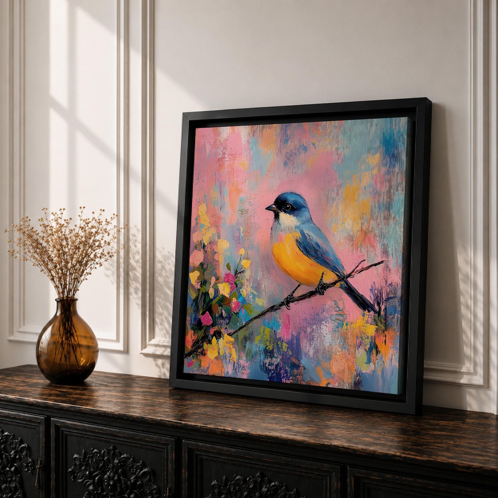 Songbird Wall Art Warbler Framed Canvas Abstract Wildlife Botanical Modern Home Decor