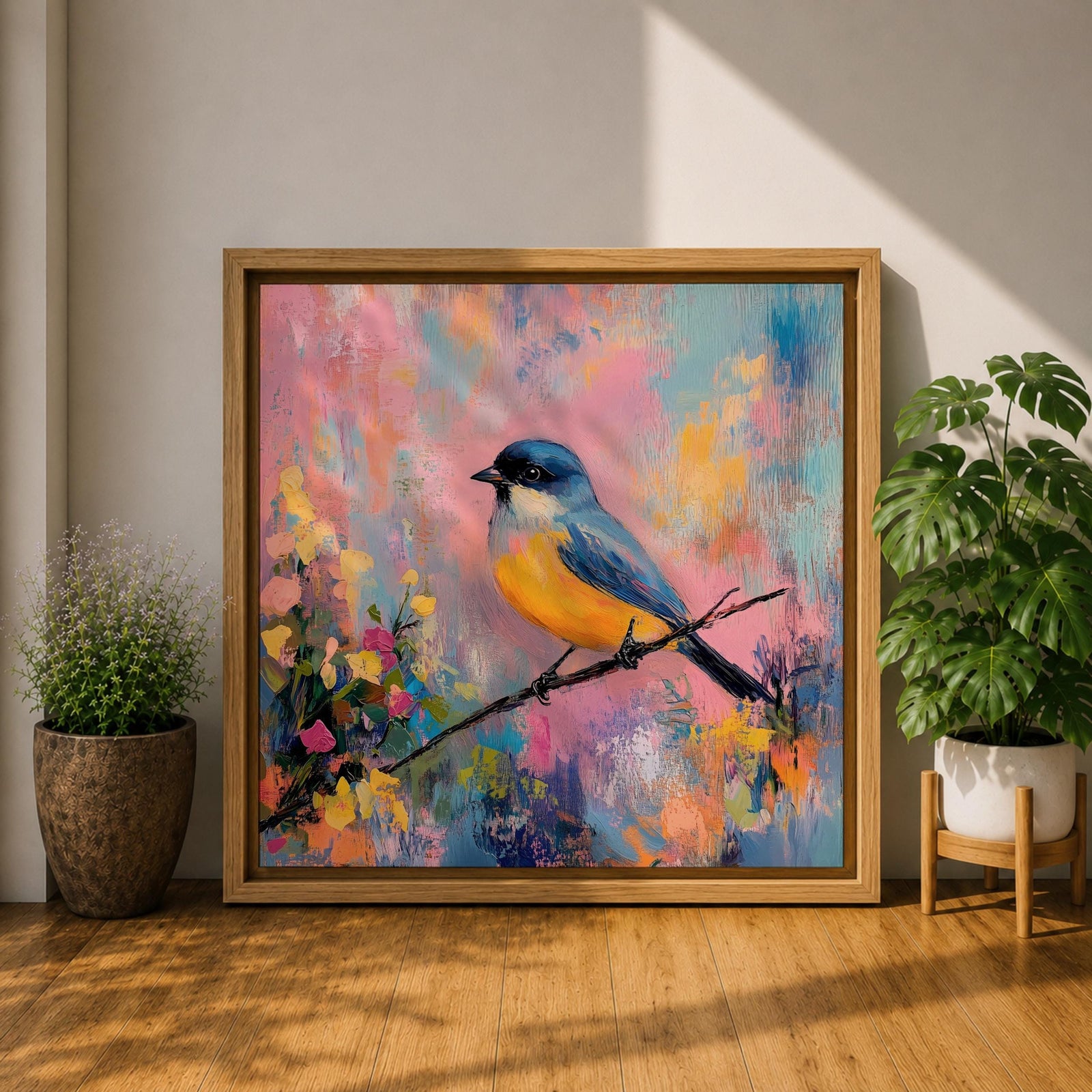 Songbird Wall Art Warbler Framed Canvas Abstract Wildlife Botanical Modern Home Decor