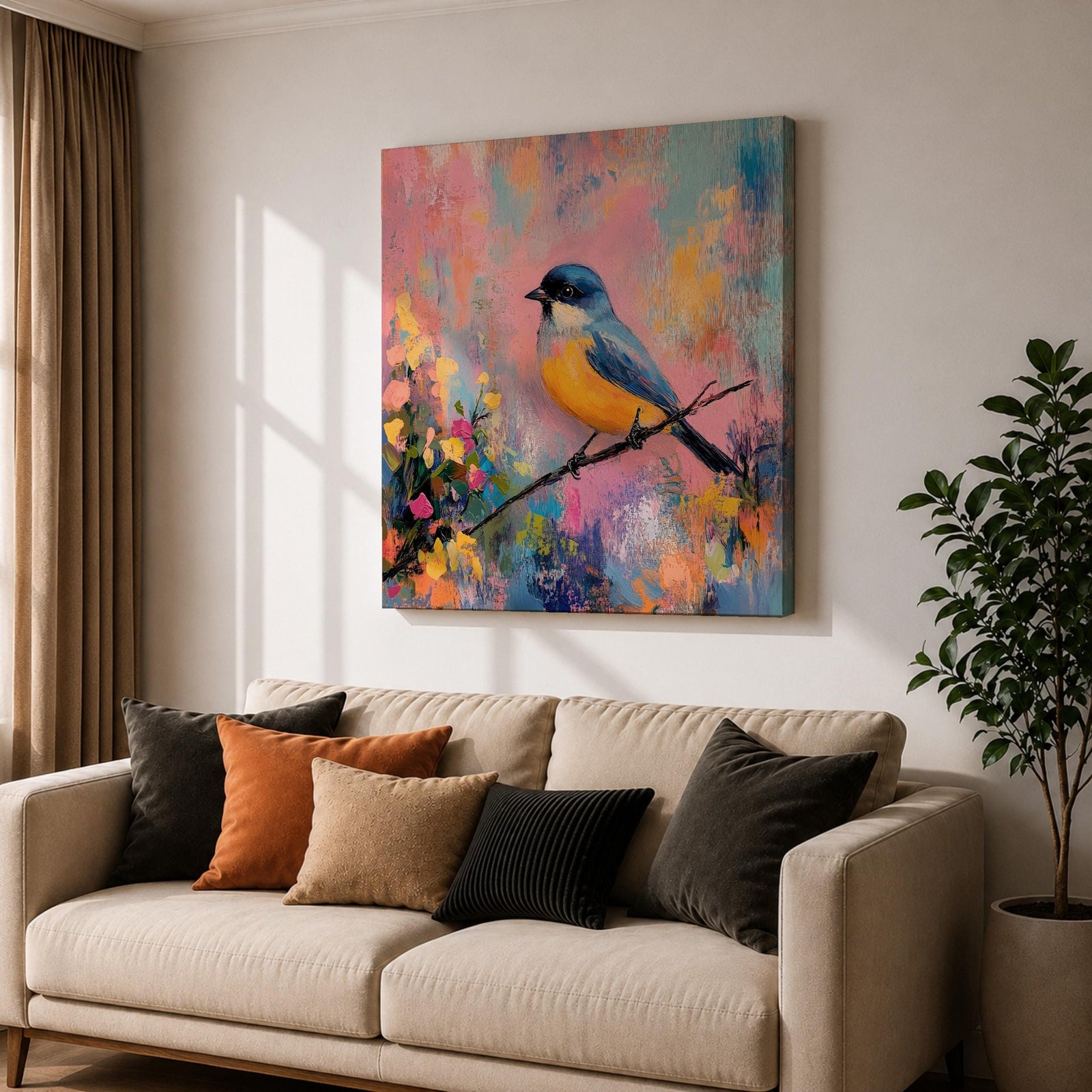 Songbird Wall Art Warbler Framed Canvas Abstract Wildlife Botanical Modern Home Decor