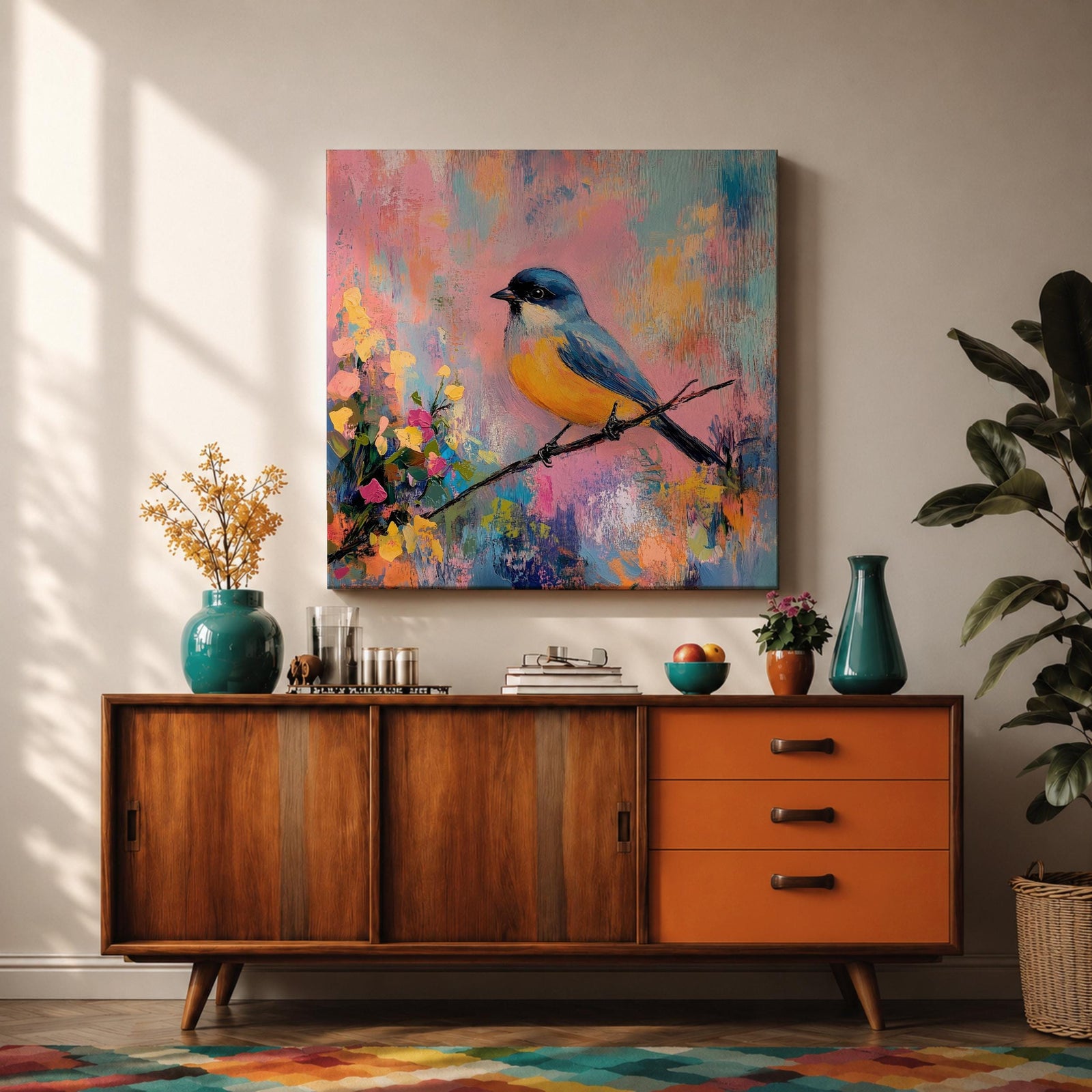 Songbird Wall Art Warbler Framed Canvas Abstract Wildlife Botanical Modern Home Decor