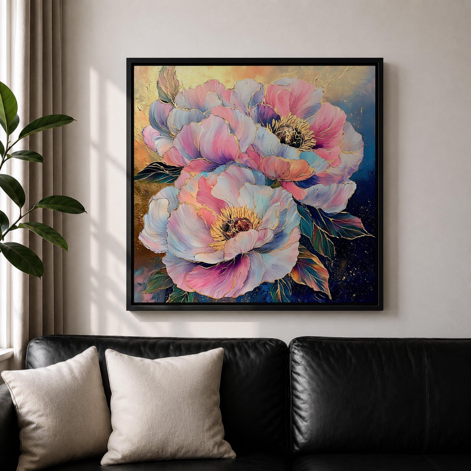 Peony Flower Wall Art Garden Peony Framed Canvas Gold Accent Botanical Boho Home Decor