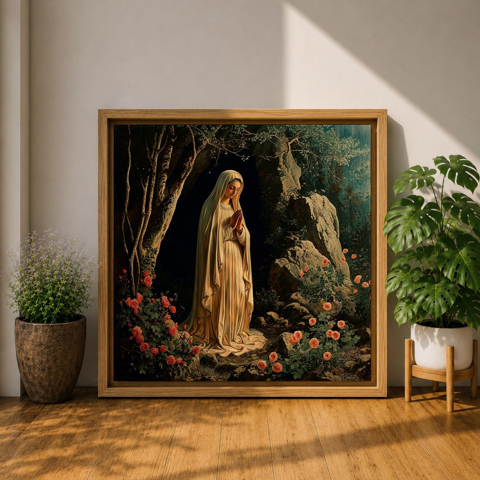 Our Lady of Lourdes Wall Art Virgin Mary Framed Canvas Catholic Prayer Room Decor