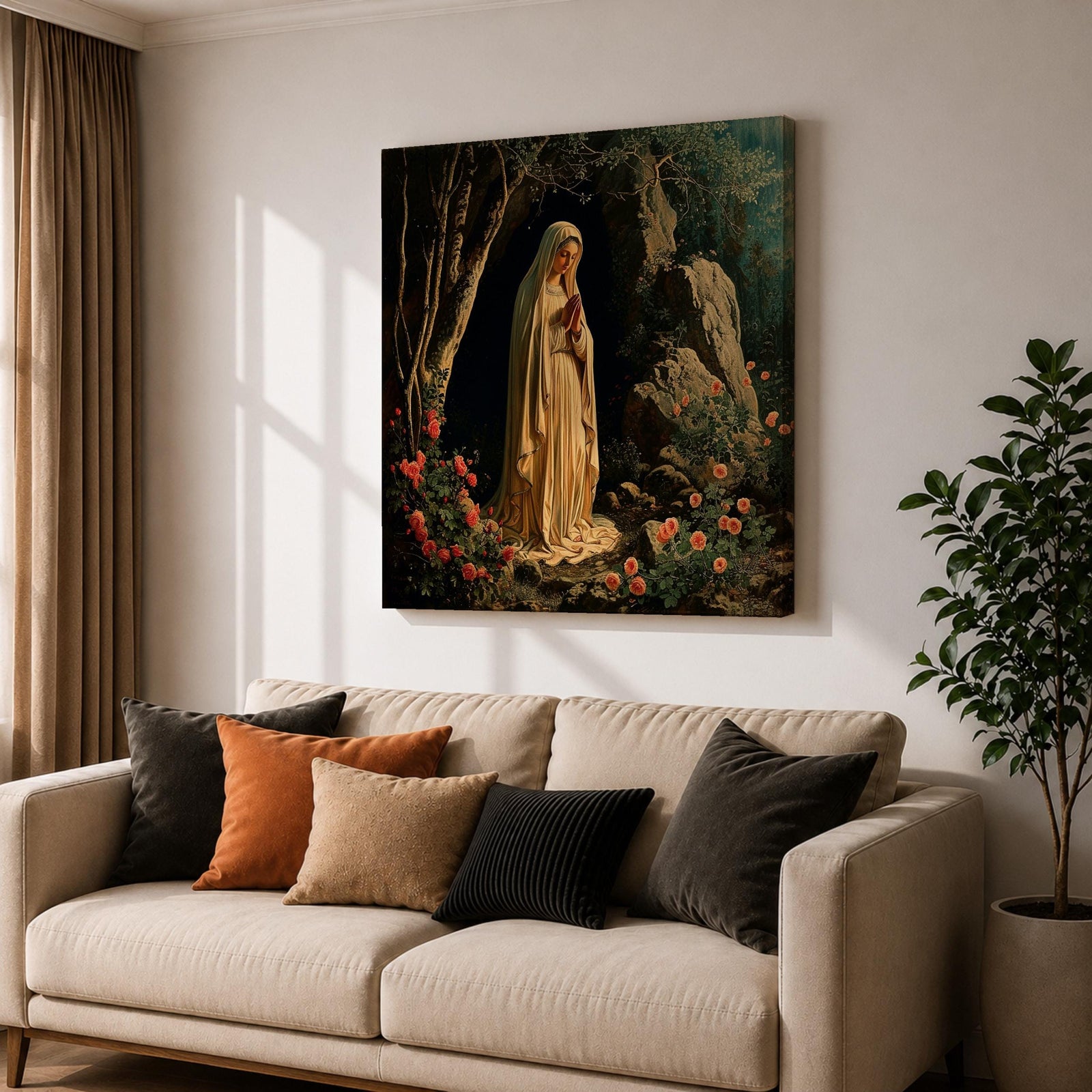 Our Lady of Lourdes Wall Art Virgin Mary Framed Canvas Catholic Prayer Room Decor