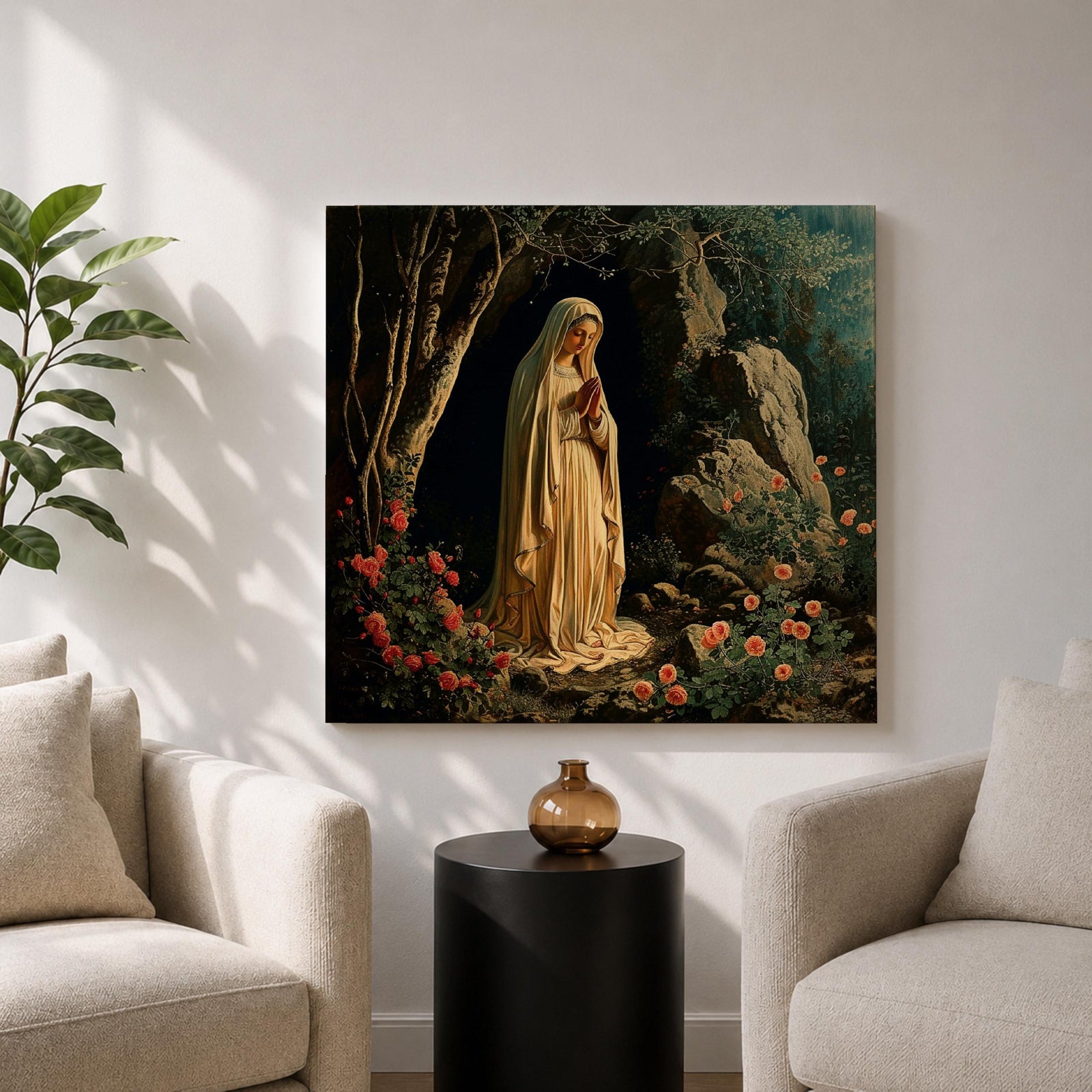 Our Lady of Lourdes Wall Art Virgin Mary Framed Canvas Catholic Prayer Room Decor