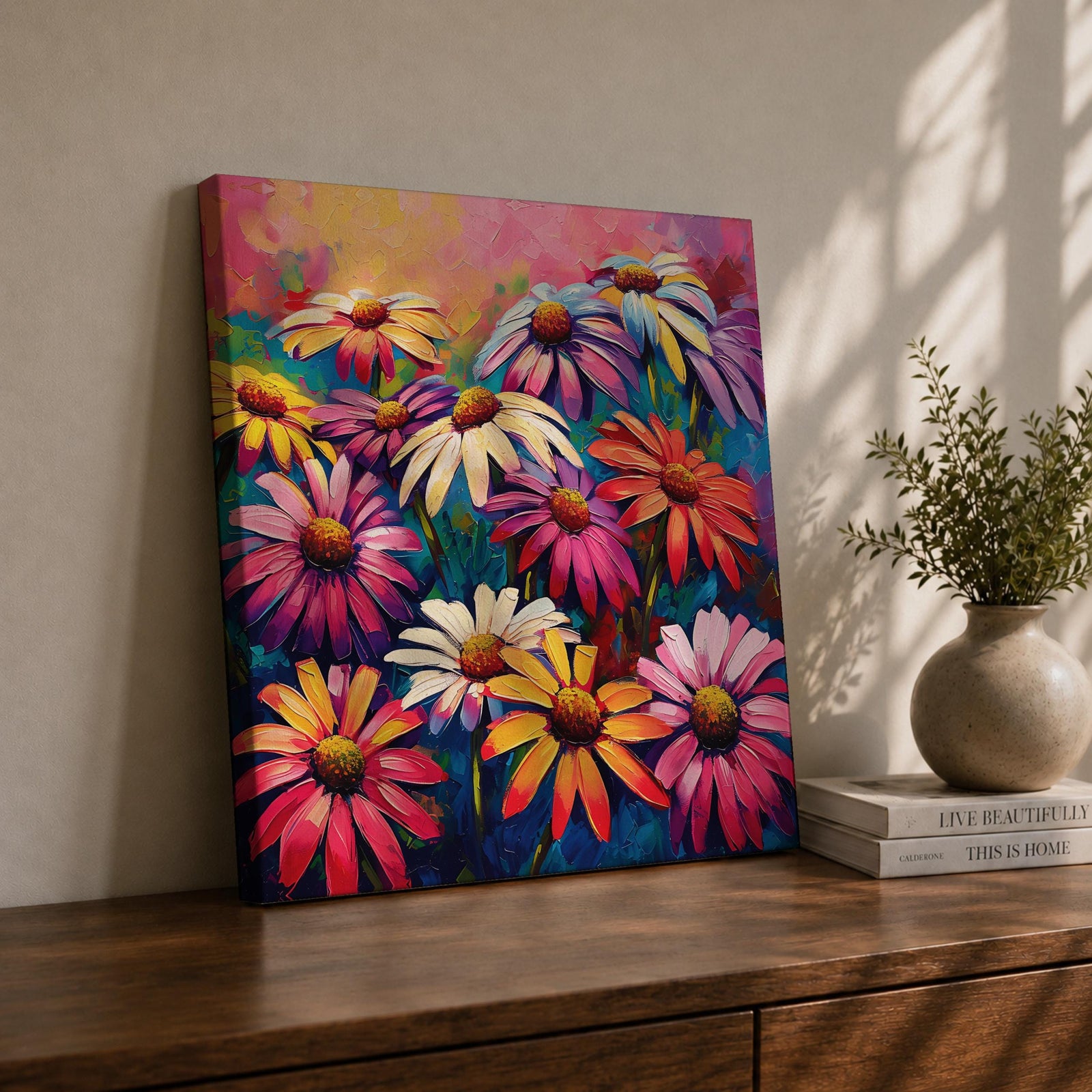 Gerbera Daisy Wall Art Colorful Garden Flowers Framed Canvas Boho Home Decor