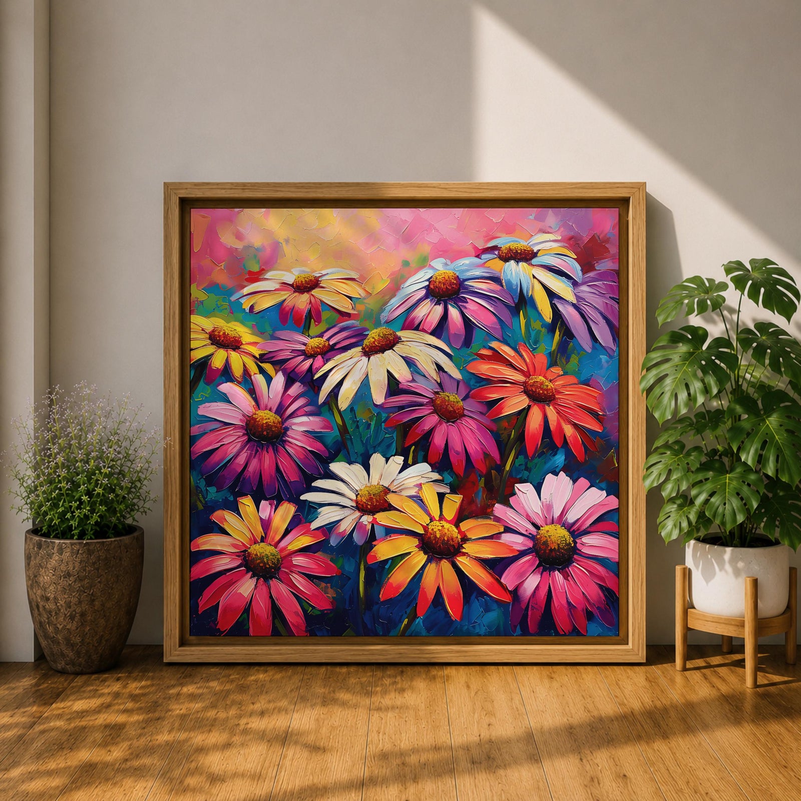 Gerbera Daisy Wall Art Colorful Garden Flowers Framed Canvas Boho Home Decor