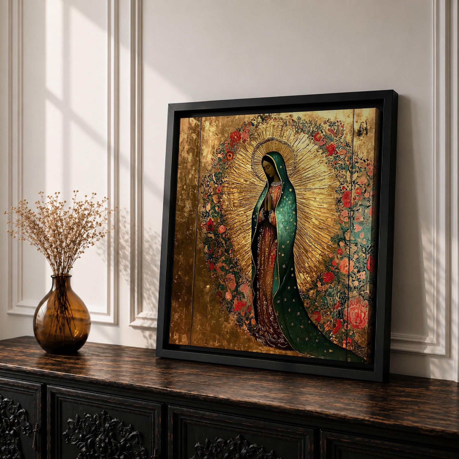 Our Lady of Guadalupe Wall Art La Morenita Framed Canvas Antique Catholic Home Decor