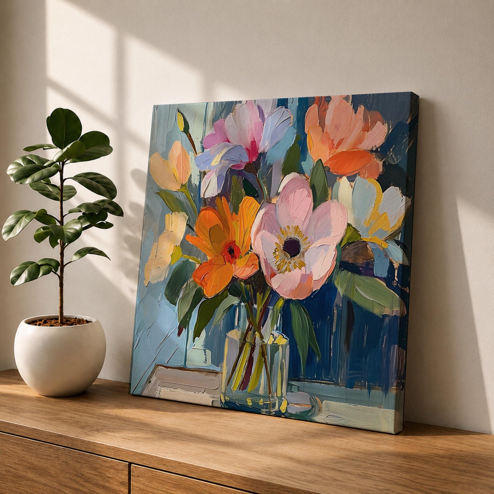 Flower Bouquet Wall Art Vase Flowers Framed Canvas Impasto Botanical Boho Home Decor
