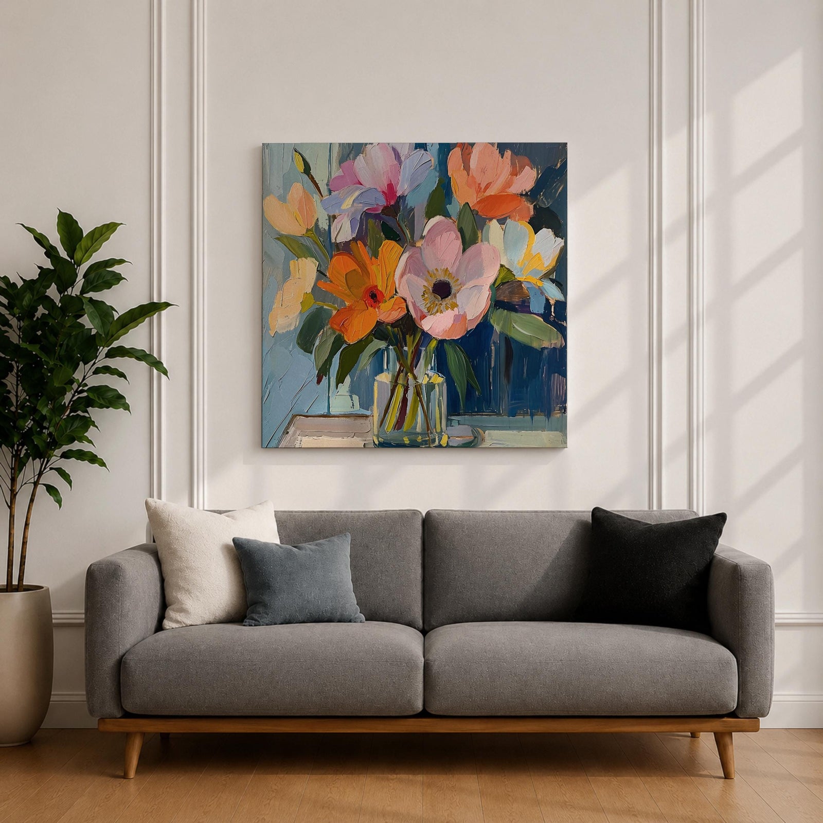 Flower Bouquet Wall Art Vase Flowers Framed Canvas Impasto Botanical Boho Home Decor