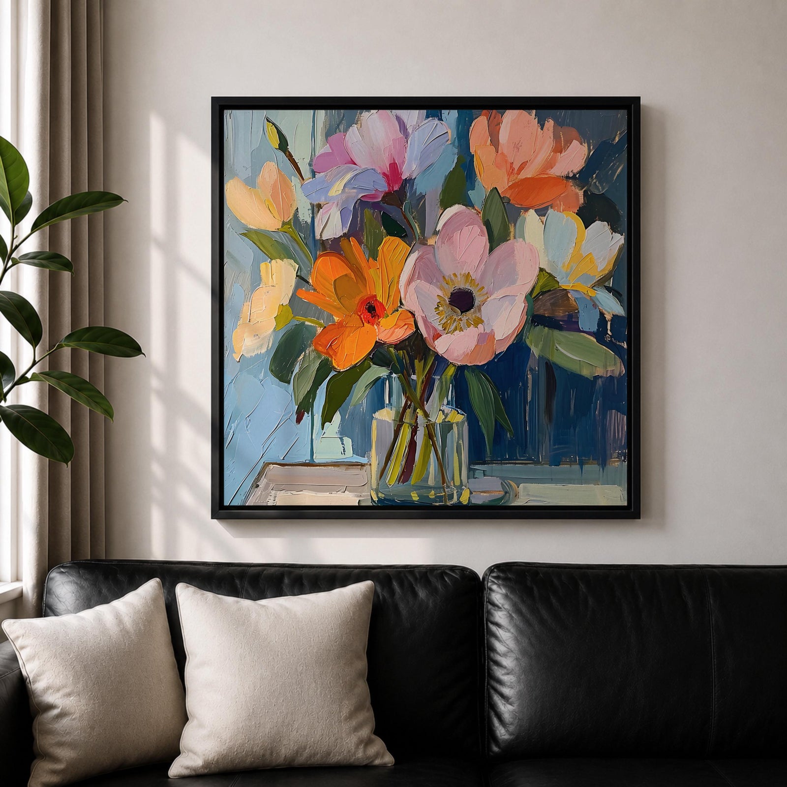 Flower Bouquet Wall Art Vase Flowers Framed Canvas Impasto Botanical Boho Home Decor