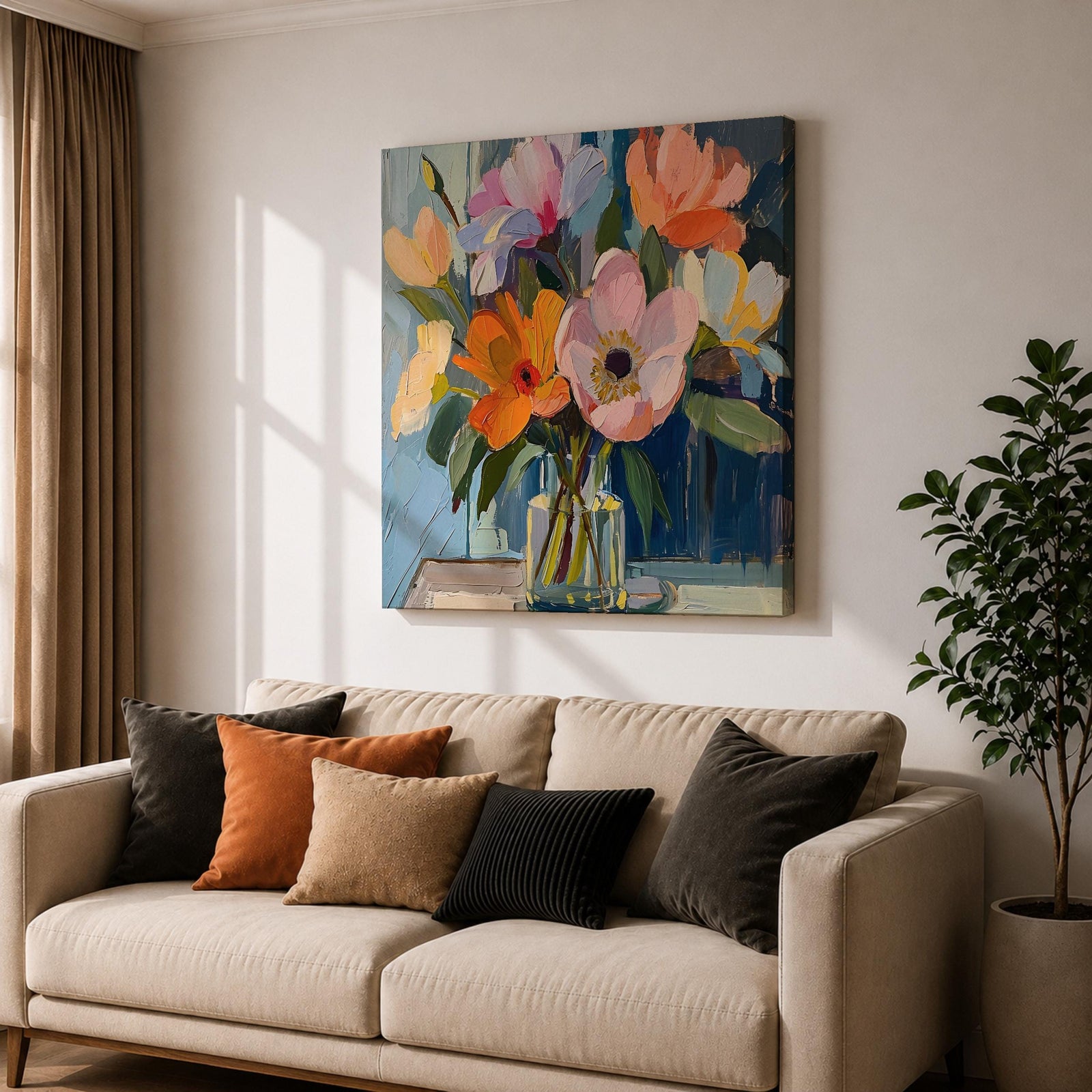 Flower Bouquet Wall Art Vase Flowers Framed Canvas Impasto Botanical Boho Home Decor