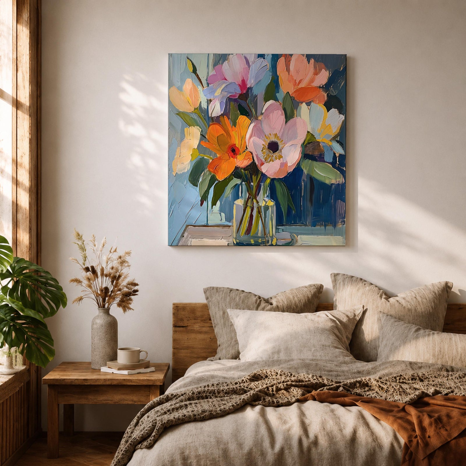 Flower Bouquet Wall Art Vase Flowers Framed Canvas Impasto Botanical Boho Home Decor