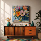 Flower Bouquet Wall Art Vase Flowers Framed Canvas Impasto Botanical Boho Home Decor
