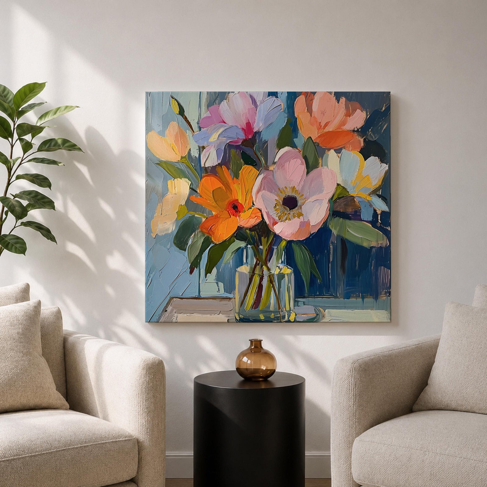 Flower Bouquet Wall Art Vase Flowers Framed Canvas Impasto Botanical Boho Home Decor