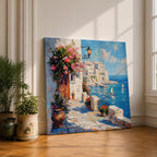 Mediterranean Coastal Village Wall Art Seaside Harbor Framed Canvas Ocean Landscape Living Room Decor