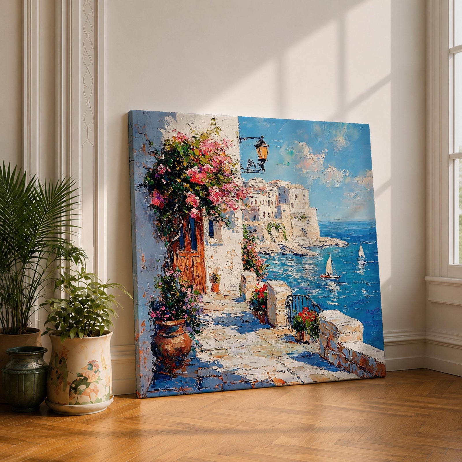 Mediterranean Coastal Village Wall Art Seaside Harbor Framed Canvas Ocean Landscape Living Room Decor