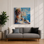 Mediterranean Coastal Village Wall Art Seaside Harbor Framed Canvas Ocean Landscape Living Room Decor