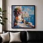 Mediterranean Coastal Village Wall Art Seaside Harbor Framed Canvas Ocean Landscape Living Room Decor