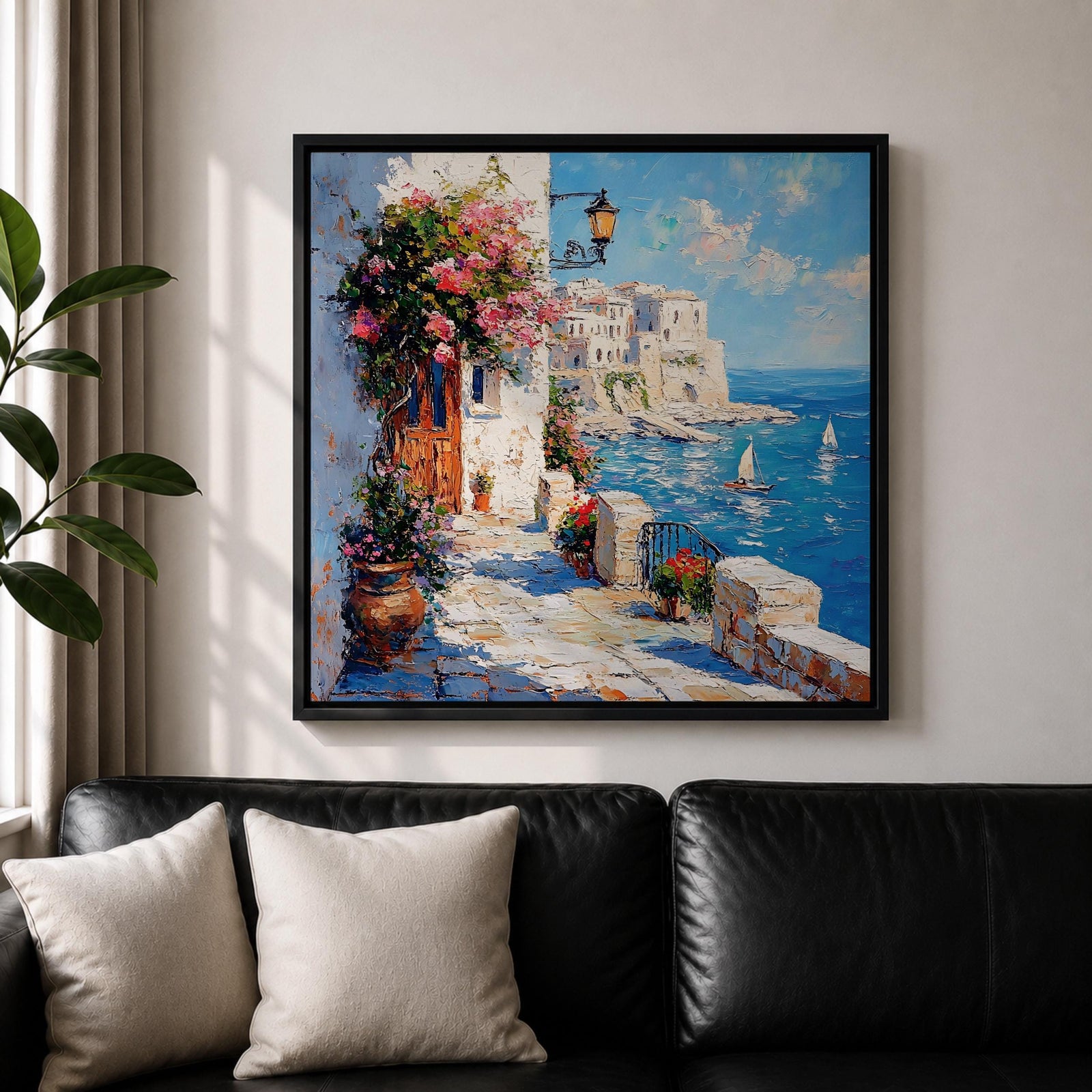 Mediterranean Coastal Village Wall Art Seaside Harbor Framed Canvas Ocean Landscape Living Room Decor