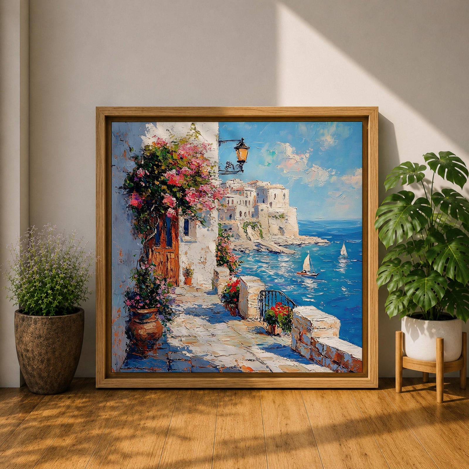 Mediterranean Coastal Village Wall Art Seaside Harbor Framed Canvas Ocean Landscape Living Room Decor