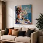 Mediterranean Coastal Village Wall Art Seaside Harbor Framed Canvas Ocean Landscape Living Room Decor