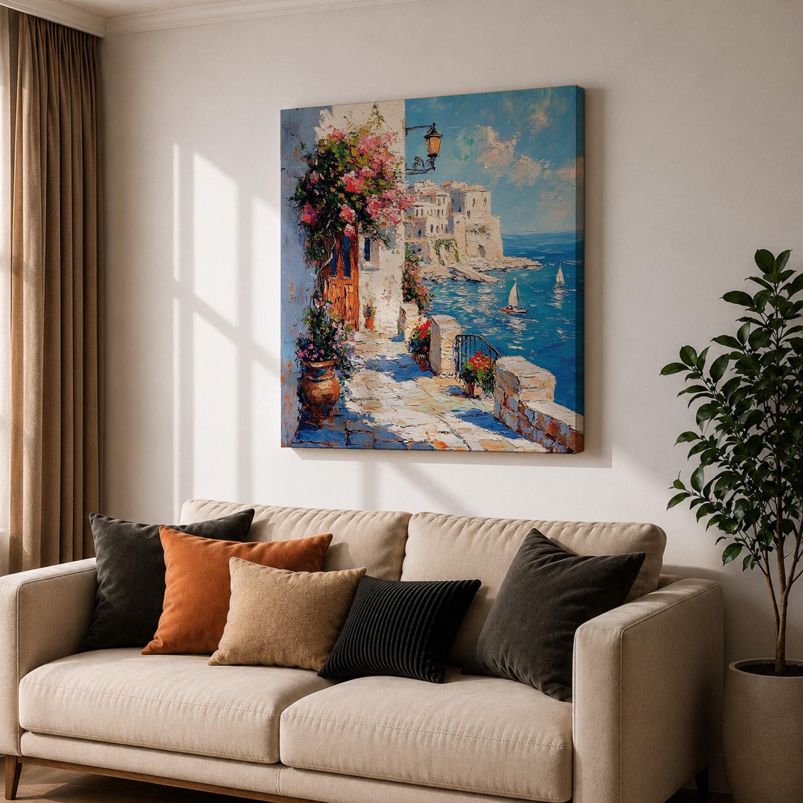 Mediterranean Coastal Village Wall Art Seaside Harbor Framed Canvas Ocean Landscape Living Room Decor