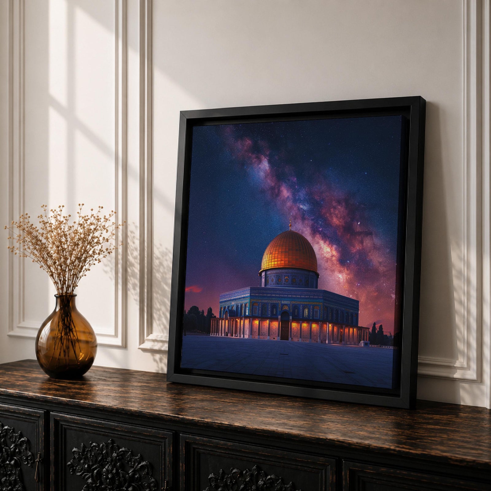 Dome of the Rock Wall Art Night Sky Framed Canvas Jerusalem Islamic Mosque Decor