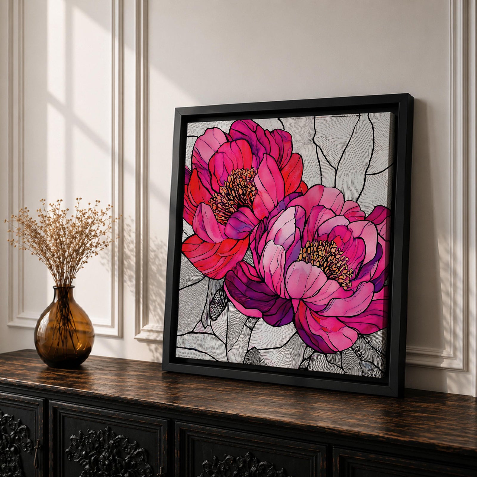 Peony Wall Art Garden Flower Framed Canvas Stained Glass Botanical Boho Home Decor